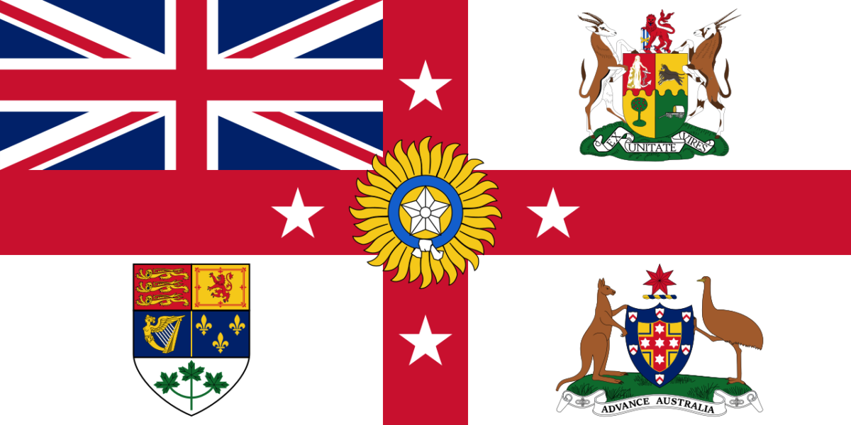 An unofficial flag used throughout the interwar period combining the symbols of various nations from across the British Empire. The Cross of Saint George representing the English divides the flag into four quadrants, and the Union Flag is placed in the canton. Canada, Australia, and South Africa have their coats of arms placed in the three other quadrants of the flag. New Zealand is represented by the four stars forming a Southern Cross, and the British Raj is provided with the Star of India in the center of the flag.