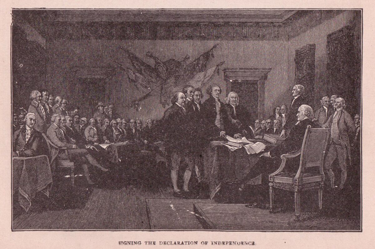 From A History of the United States by Wilbur F. Gordy, Copyright 1920 by Charles Scribner's Sons of New York . This illustration of the signing of the Declaration of Independence is between pages 150 and 151.