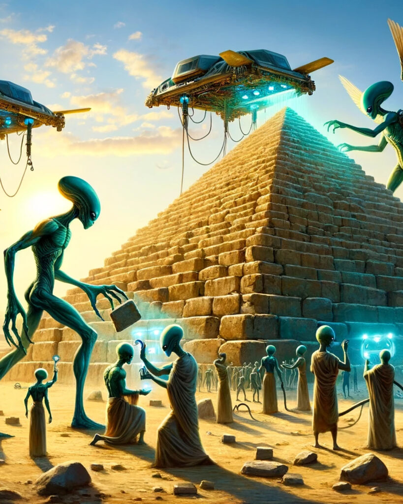 Illustration of aliens building the pyramids.