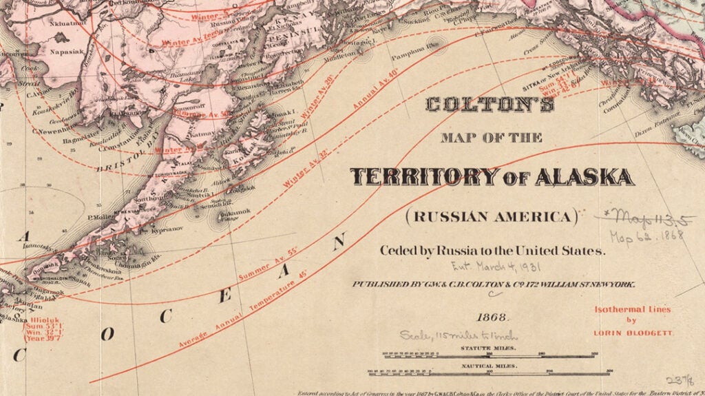 1868 map of the Territory of Alaska, formerly Russian America, after its cession to the United States.