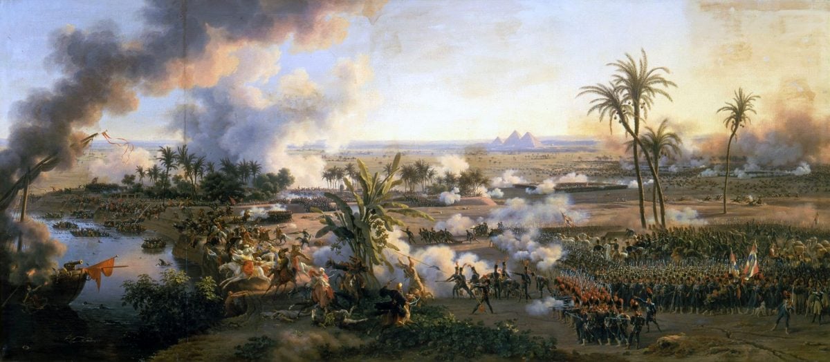 Painting of the battle of the Pyramids, General view of the Battle of the Pyramids, July 21, 1798. Egyptian Campaign (1798–1801)