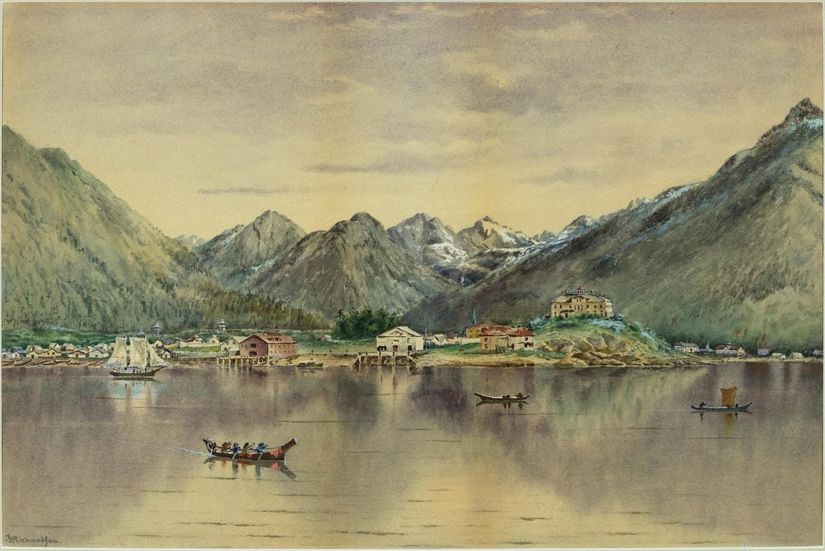 Watercolor heightened in white on paper laid down on card. Signed lower left: "T. J. Richardson". 15 1/4" x 22 1/2" sheet. Provenance: Anon. Sale, Northeast Auctions, Portsmouth, New Hampshire, 17 August 2002, Lot 837; Christie's 29 October 2019 - 2,750 GBP. The site of the transfer ceremony for the Alaska Purchase in 1867, and an ancient Tinglit settlement, Sitka on the Alaskan panhandle was developed by the Russian-American Company in the early 19th century and was a centre for pulp, gold mining and fish canning in the early 20th century. Richardson depicts the old Russian governor's house, Baranof castle, on the mound, and a Tinglit village on the left. Born in Readfield, Maine, Richardson made a specialty of painting Alaskan scenery.