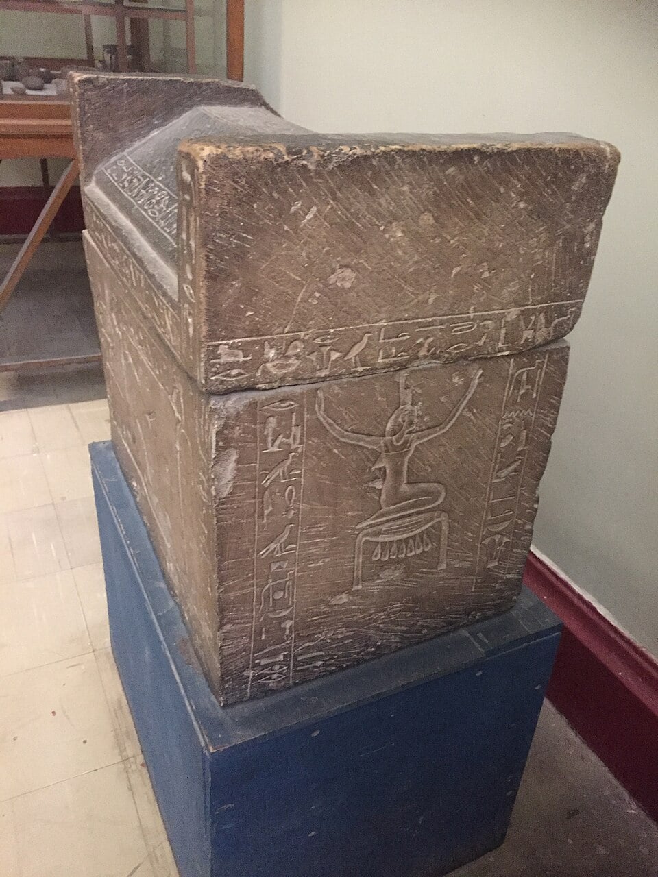 Foot end (Isis) of sarcophagus of the cat Ta-miut, pet of Prince Thutmose, son of Amenhotep III and brother of Akhenaten. On display in Egyptian Museum, Cairo