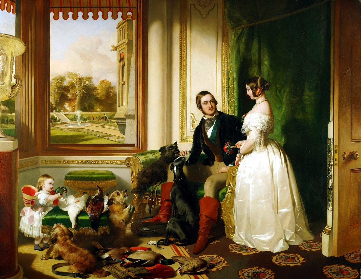 This painting shows Queen Victoria, Prince Albert, and the Princess Royal at home at Windsor Castle in Berkshire, England.