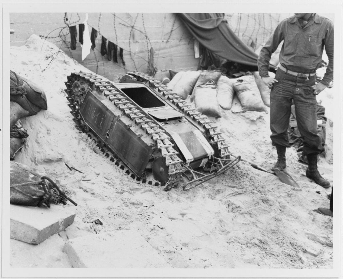 A German Beetle remote-controlled miniature tank, photographed on one of the invasion beaches (probably Utah Beach) shortly after the initial Normandy landings, June 1944.