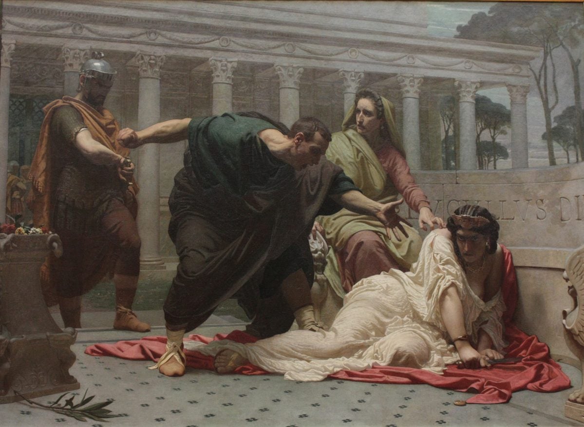 Historical painting of the dying Empress Messalina with her mother, Domitia Lepida, during her final moments.
