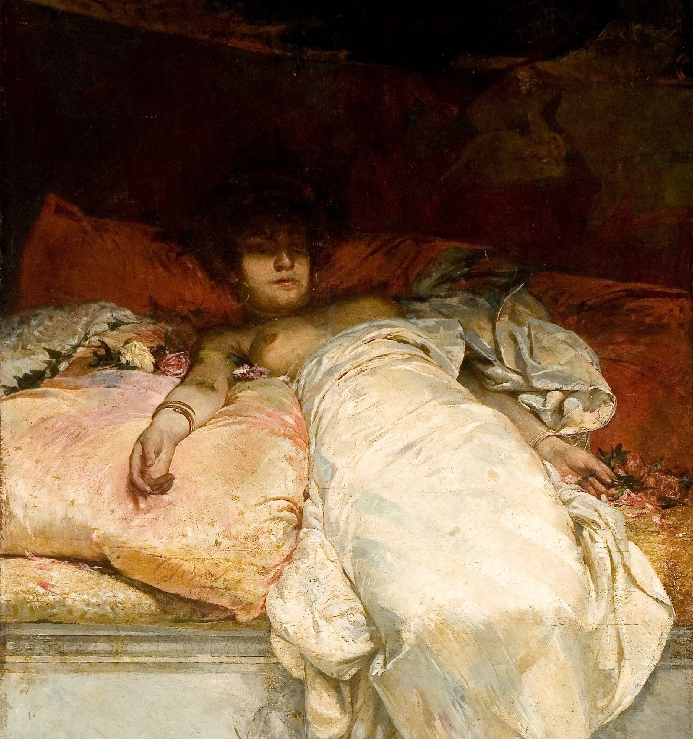 Henrique Bernardelli's painting of Roman Empress Messalina reclining on luxurious cushions, draped in white fabric with flowers scattered around her.