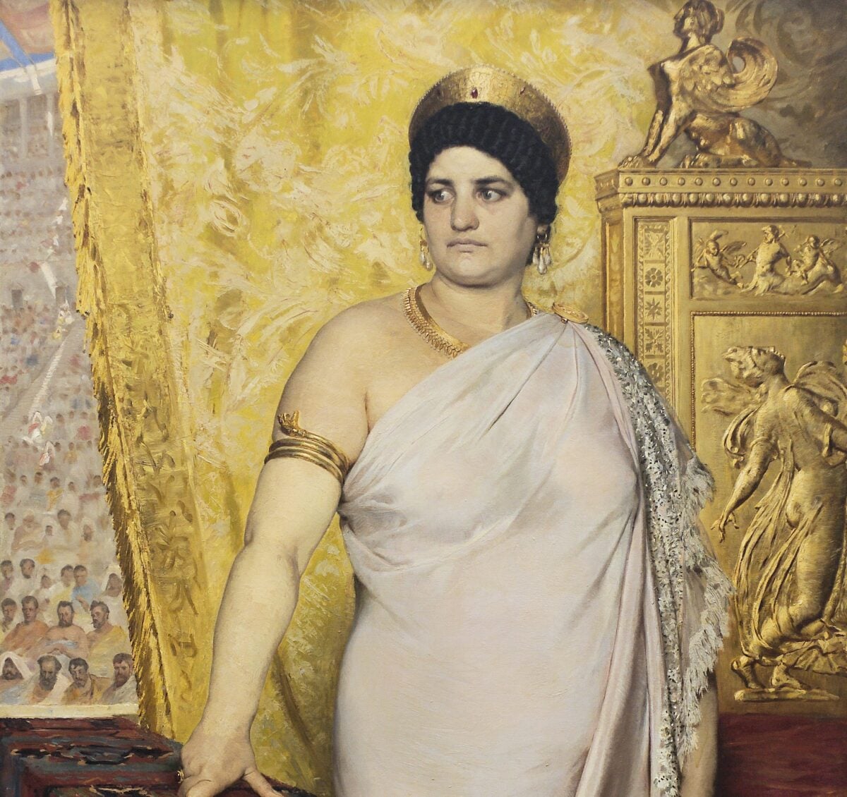 19th-century painting of Empress Messalina wearing white Roman robes and gold jewelry against an ornate golden background.
