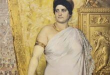 19th-century painting of Empress Messalina wearing white Roman robes and gold jewelry against an ornate golden background.
