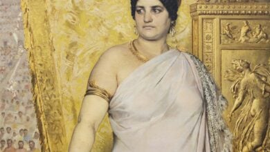 19th-century painting of Empress Messalina wearing white Roman robes and gold jewelry against an ornate golden background.