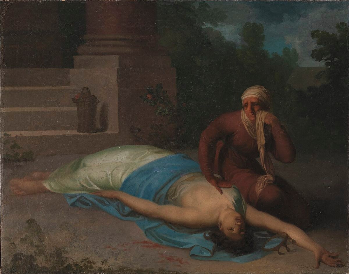 Historical painting by Nicolai Abildgaard depicting the dying Roman Empress Messalina with her mother, Domitia Lepida, during her final moments.