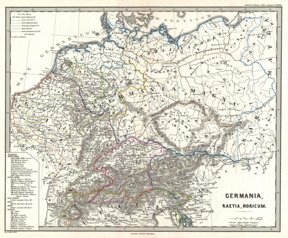 Karl von Spruner’s 1865 rendering of Germany (or Germania) in antiquity.