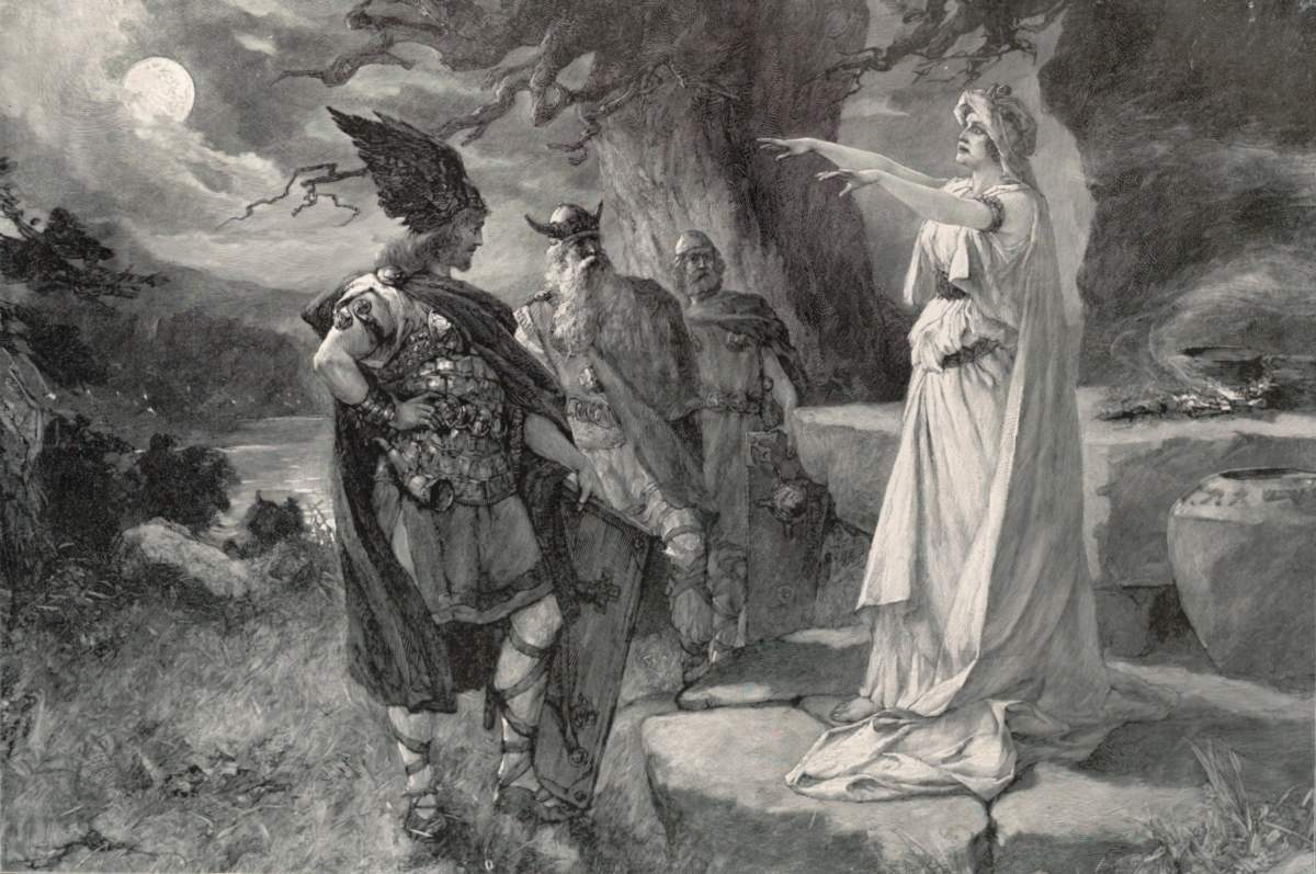 Armin with the seer before the decisive battle (Battle of Idistaviso) with Germanicus. After an original drawing by Ferd. Leeke