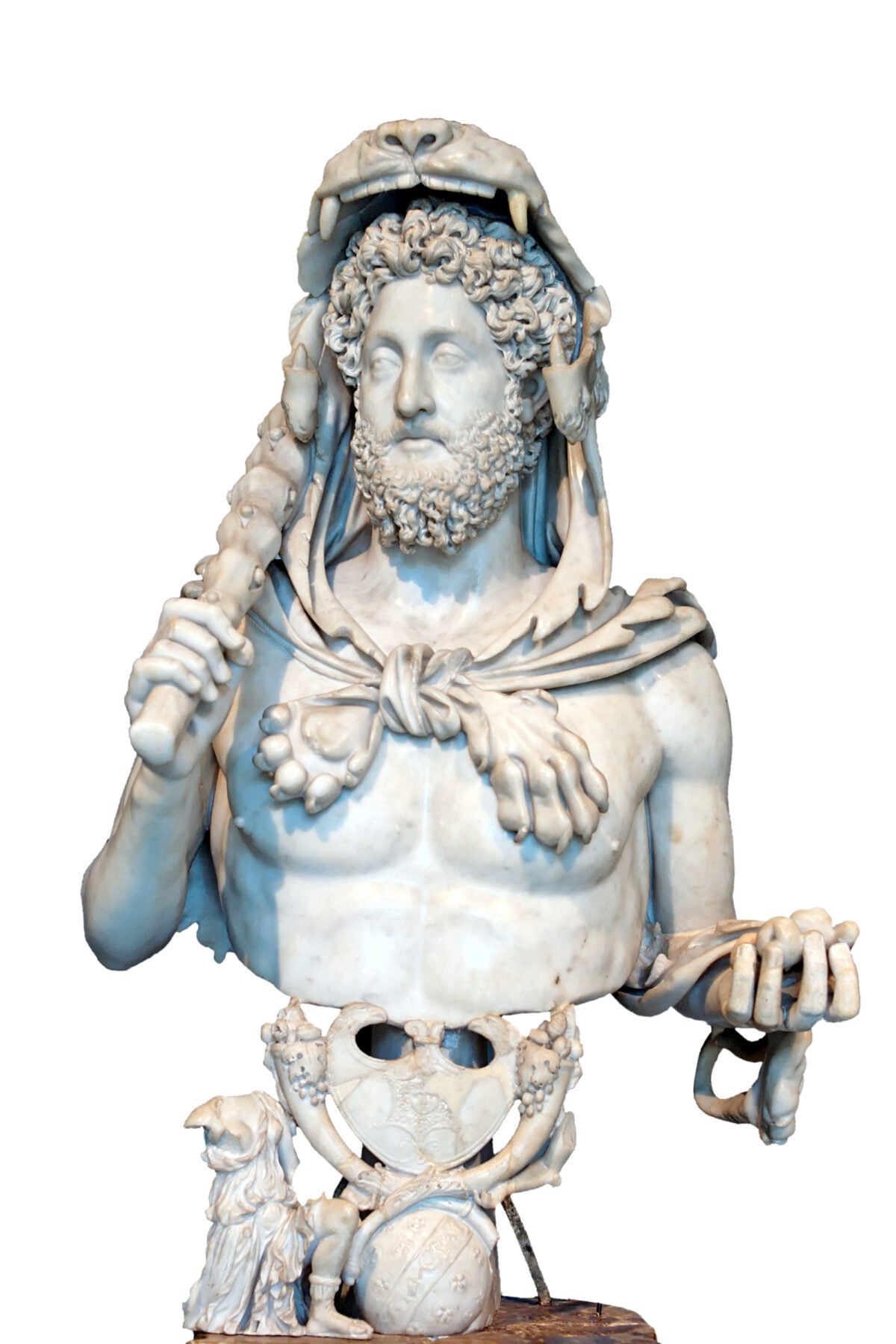 Bust of Commodus as Hercules, hence the lion skin, the club and the golden apples of the Hesperides. Part of a statuary group representing Commodus' apotheosis. Roman artwork.