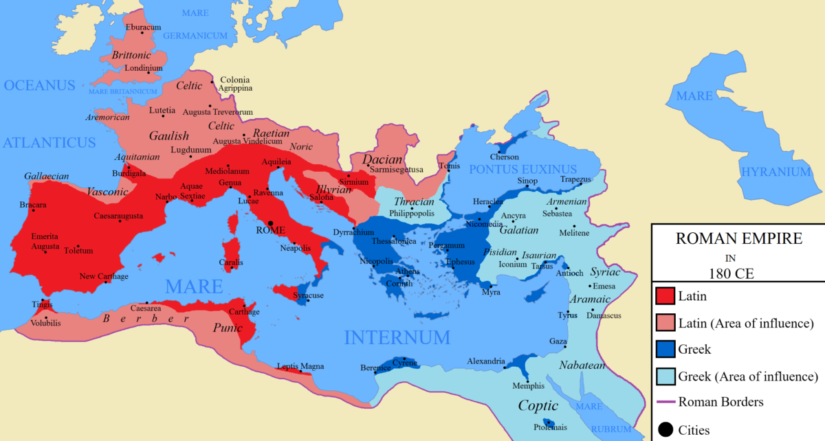 The Roman Empire in 180 CE, during the reign of Emperor Commodus.