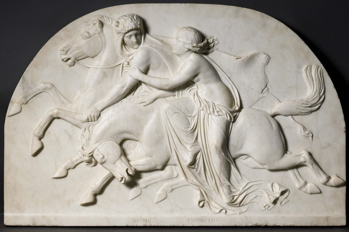 This beautifully carved and wonderfully subtle Neo-classical relief tells the story of Thusnelda, the 1st century AD Germanic Princess who was a heroine of nineteenth-century German nationalism.
